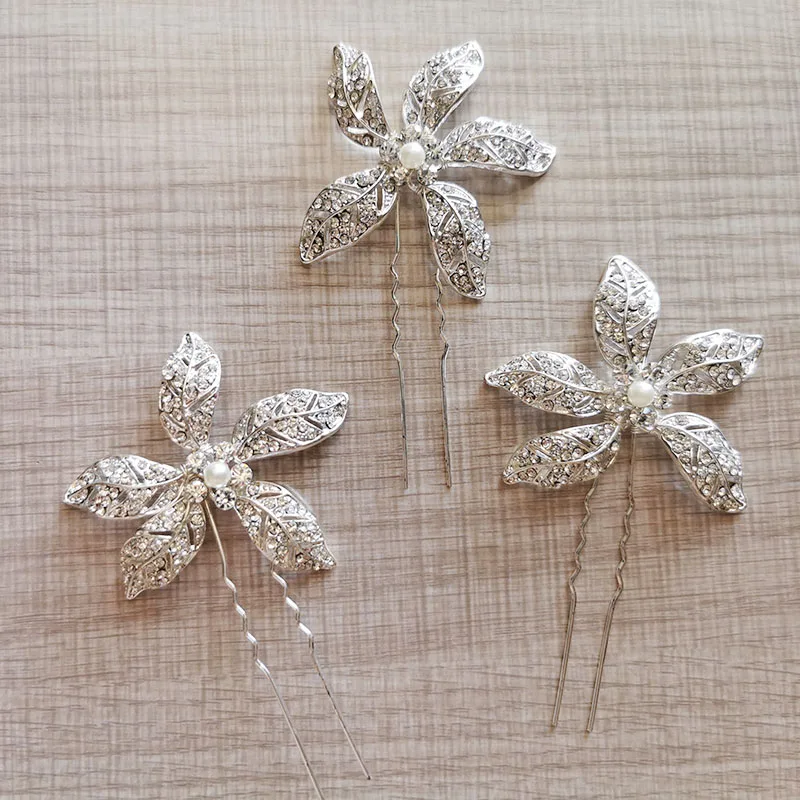 Shine Rhinestone Pearls Bridal Hair Pins Clips Set Fashion Women Bobby Pin Handmade Wedding Girls Hair Pieces