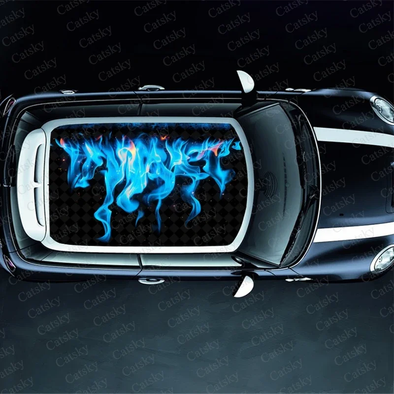 Blue Fire Burning Flame Car Roof Sticker Wrap Racing SUV Accessories Packaging Painted PVC Custom Car Graphic Decal