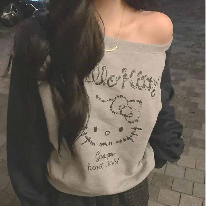 

Sanrios Kawaii Sweatshirt Hello Kittys Cute T Shirt Off Shoulder Loose Trend Sweet Casual Versatile Comfortable Birthday Present