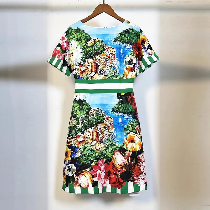 2024 Summer Holiday Runway Sicilian Dress Female O-Neck Short Sleeve Fashion House Flower Print Beach Vacation Mini Vestidos 594