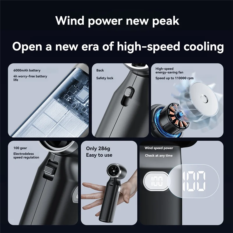 Handheld Turbo Jet Fan Desktop Fan 110000RPM Rechargeable Mini Office Fan Violent Fan 6000Mah 100 Wind Speeds C-AB09