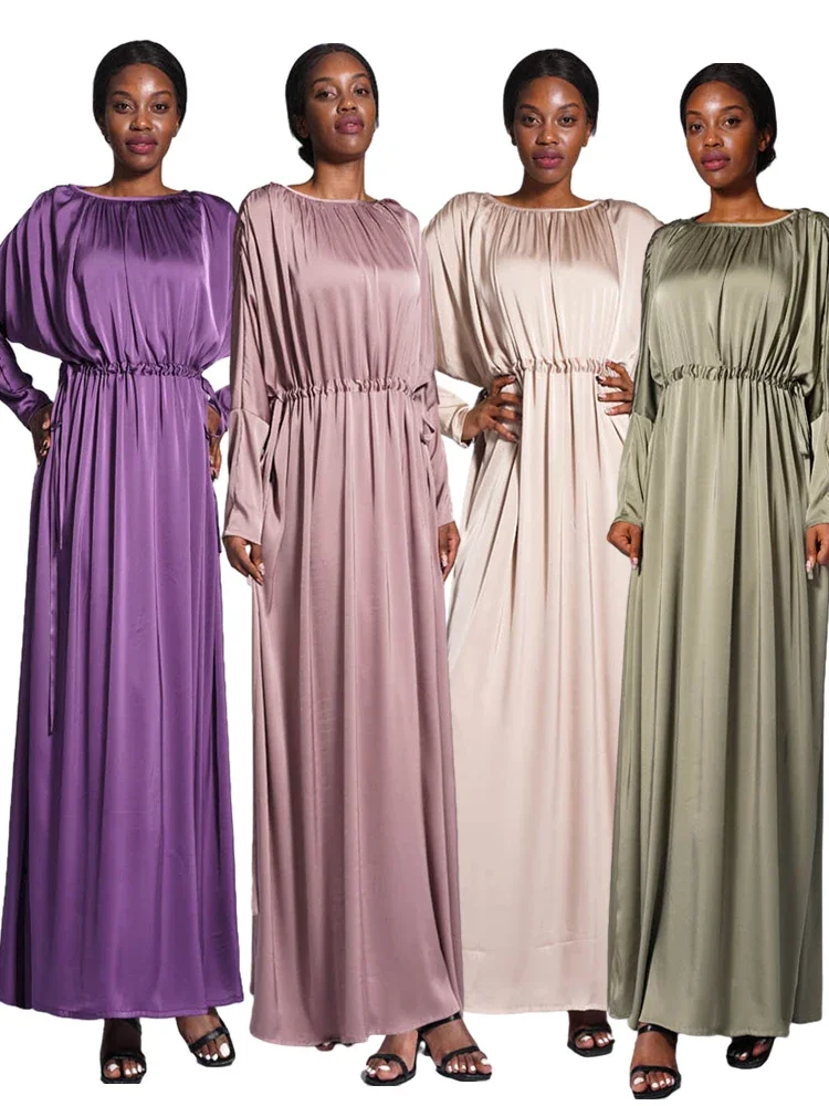 Eid Silky Muslim Dress for Women Ramadan Lace-up Femme Vestidos Dubai Abaya Dresses Prayer Maxi Dresses Long Sleeve Turkey Robe