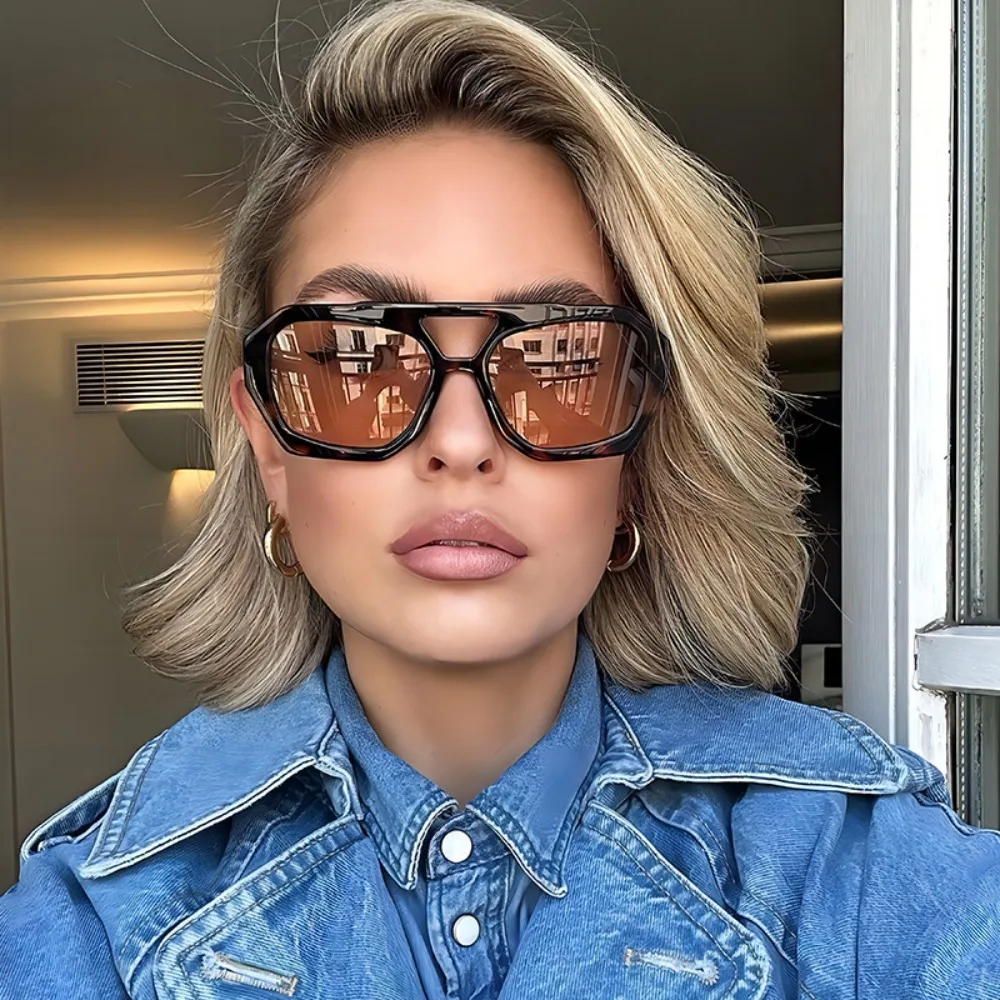 

Big Frame Irregular Square Sunglasses UV400 Double Beam Wide Legs Sun Glasses Leopard Print Punk Retro Trend Eyewear Selfie