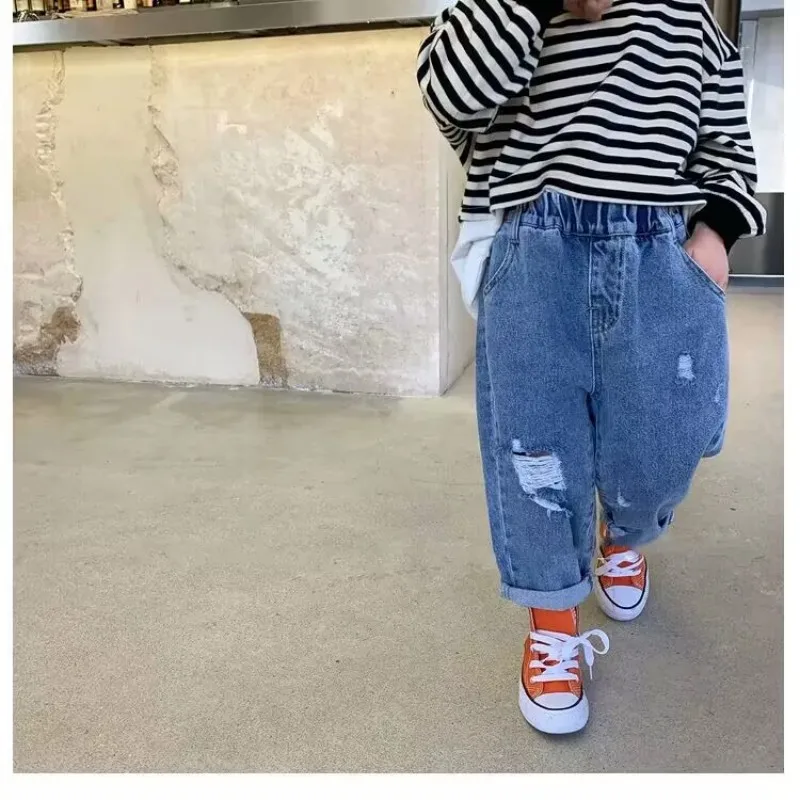 Children's Jeans Spring and Autumn Trousers Korean Edition Children's Wear Boys' Jeans New Style Children's Broken Pants