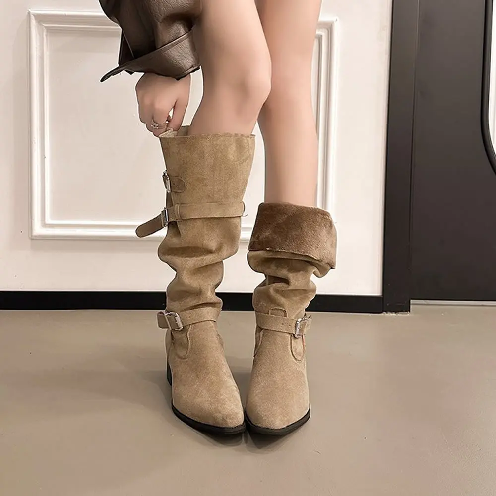 

Retro Sle High-Top Western Cowboy Boots Women's Belt Bule Pleated Faionable Leather Version Chunky Heel Soft Comfortable