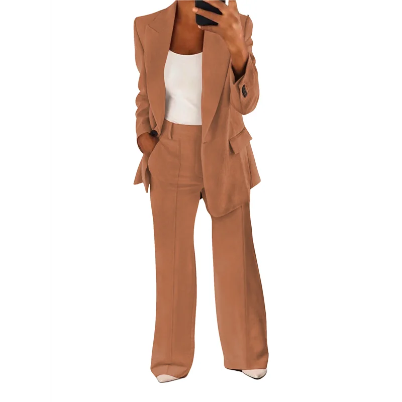 FX-Women 2 قطعة ملابس حجم كبير الأعمال عارضة طويلة الأكمام طية صدر السترة أعلى السراويل الساق المستقيمة الدعاوى