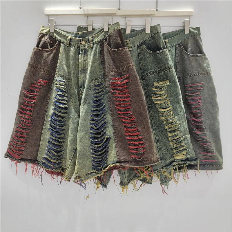 

2025 Summer Trendy High Waist Capri Pants Female American Style Vintage Fashion Street Wash Hole Burr Edge Denim Shorts