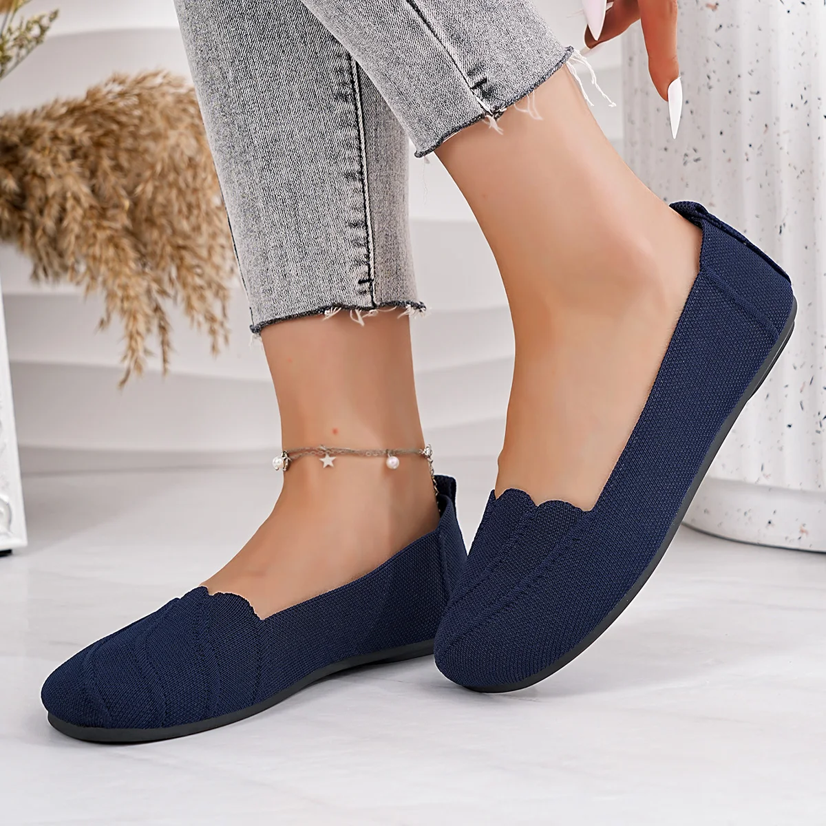 Lässige, flache, gestrickte, ausgehöhlte Arbeitsschuhe für Damen, einfarbig, runde Zehenpartie, atmungsaktive Slip-On-Schuhe, bequeme Sommerschuhe – Detail 7