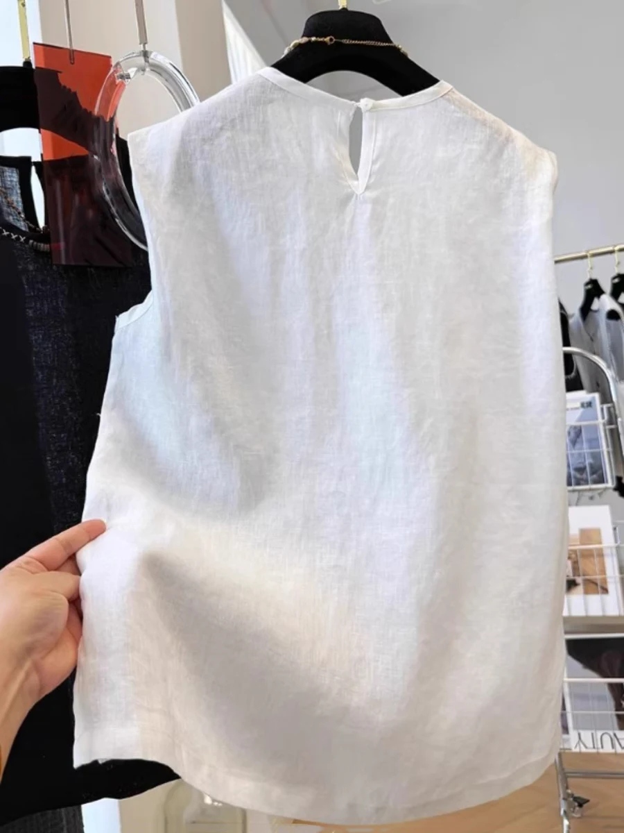 Ele Retro Linnen Vest Dames Zomer Los Casual Geborduurd Ronde Ne Katoen Linnen Svel Kleine Irt Top