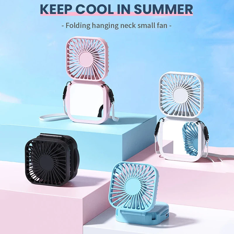 Уличный карманный вентилятор USB перезаряжаемый с косметическим зеркалом настольный квадратный бесшумный вентилятор на шею подвесной складной портативный мини-вентилятор