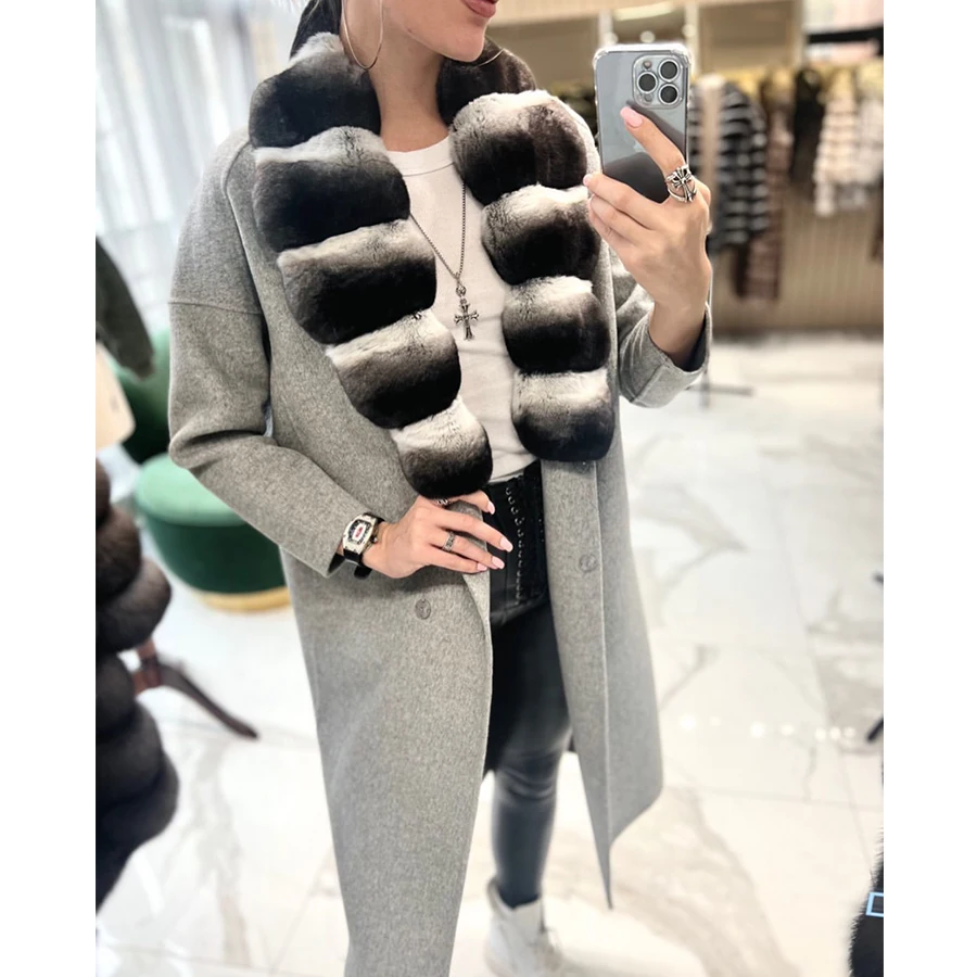 

New Cashmere Coat Women Wool Blends Long Jacket Real Rex Rabbit Fur Collar Best Selling Natural Fur Coat