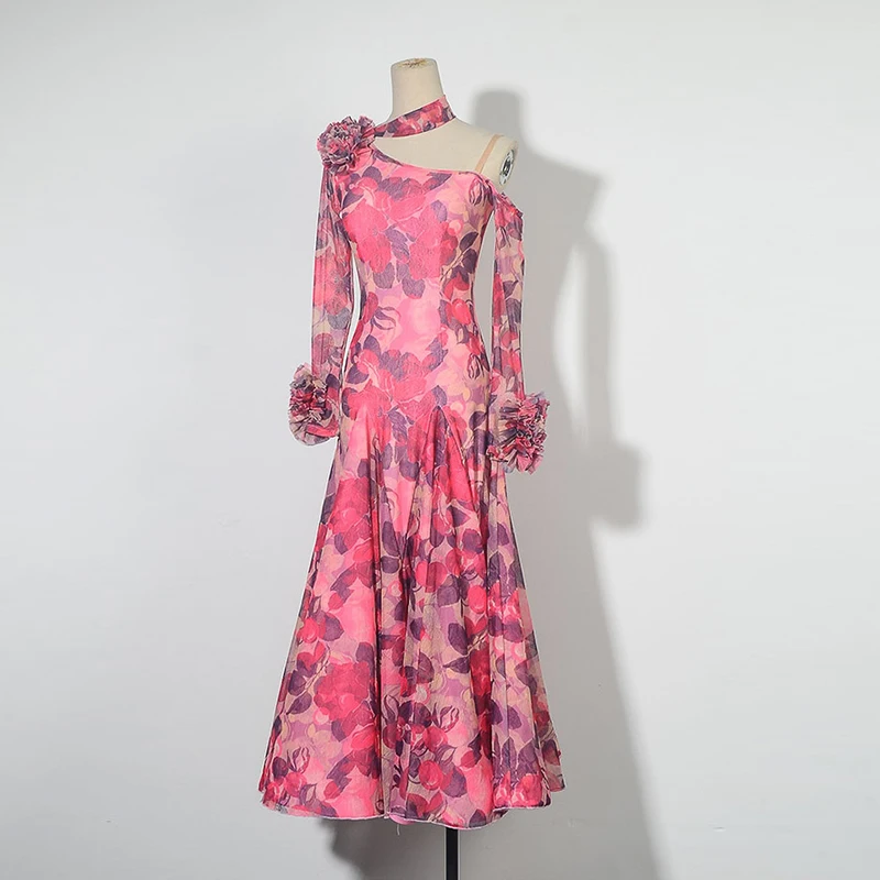 

Spring Summer New Modern Ballroom Dance Practice Dress For Women Social Dance Pink Flower Slim Fishbone Big Swing Dress XH1665