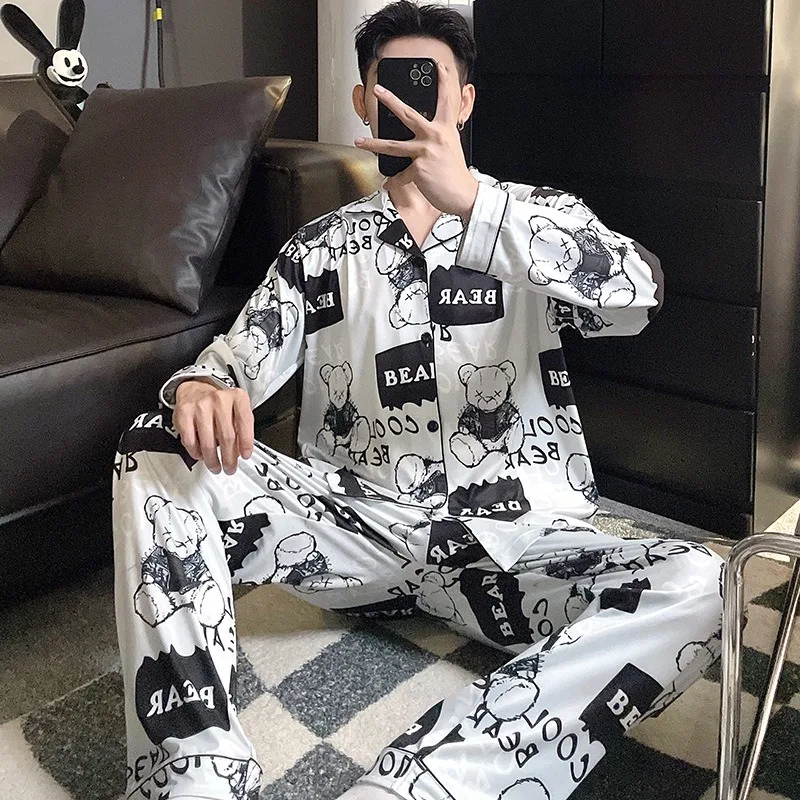 Large Size Men Pajamas Set Korean Version of Pajamas Student Loungewear Cartoon Bear Simple Sleepwear Homewear Tops and Pants