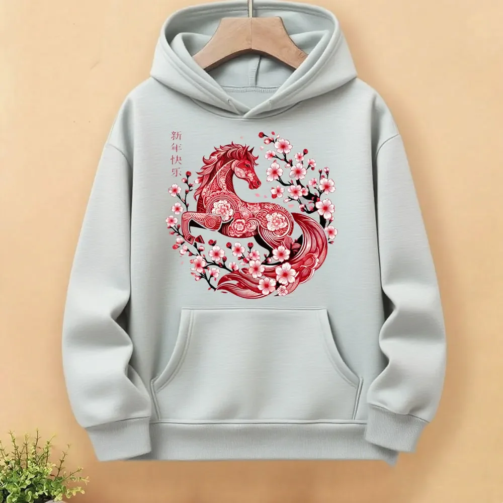 Capodanno lunare Felice Anno Nuovo Cinese del Cavallo 2026 Felpe Casual Unisex Donna Uomo Felpa con Cappuccio Spalla Goccia Pullover Casual