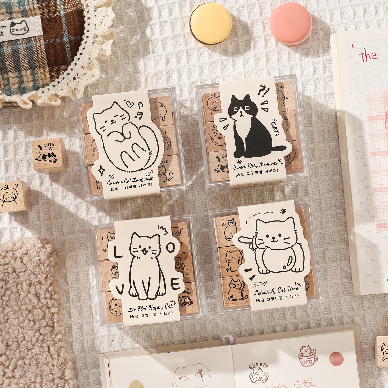 Mini Niedliche Kätzchen-Stempel-Set, Cartoon-Katzen-Thema, Holzstempelwerkzeug für Tagebuch-, Karten- und Scrapbooking-Dekorationen
