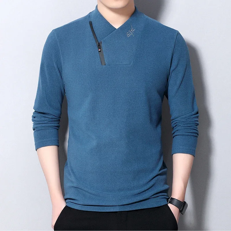 New Men\'s Casual Suede Long Sleeve Polo Shirt Fashion Solid Polo Top