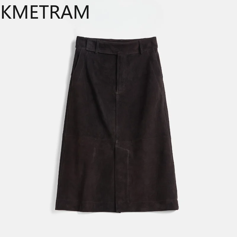 KMETRAM Top Quality Crossbreed Sheep Suede Genuine Leather Skirt High Waist Slim Straight Skirts for Woman Elegant Midi Skirt 치마