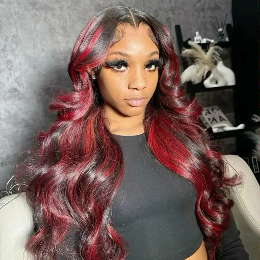 HDレースフロント人毛レッドハイライトレースフロントウィッグ女性用ボディウェーブミドルパートロングヘアウィッグ5x5 HDグルーレスレッド