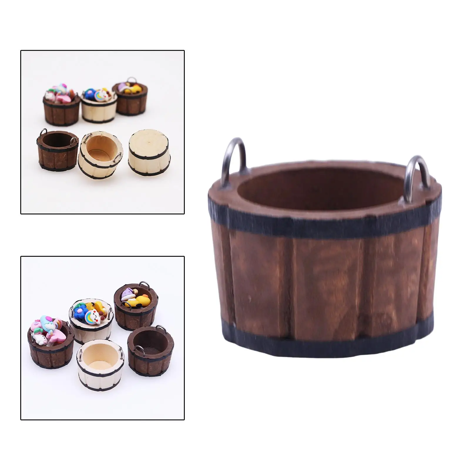 2x1:12 Dollhouse Miniature Bucket Wooden Bucket for Kitchen Decor Coffee Color