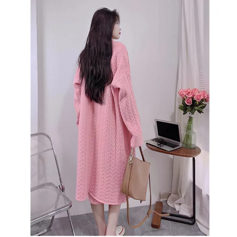 Winter Women Knitted 2 Pieces Set Casual Long Coat Dress Solid Long Sleeve Sweater Coat +Knitted Dress 2PCS Suits Women Warm Set