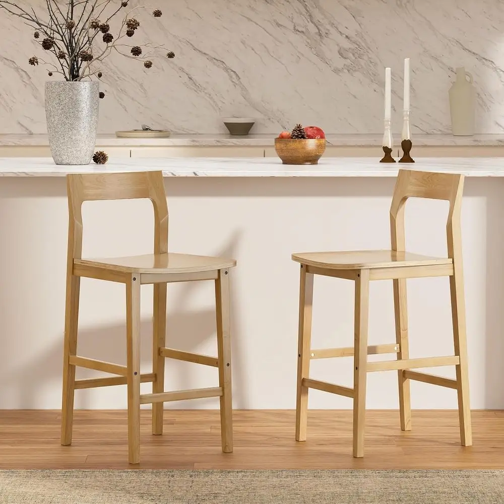 

Set of 2, 25 Natural Oak Counter Height Stools with Solid Wood Legs and Back for Kitchen Island, Dining, and Pub Use