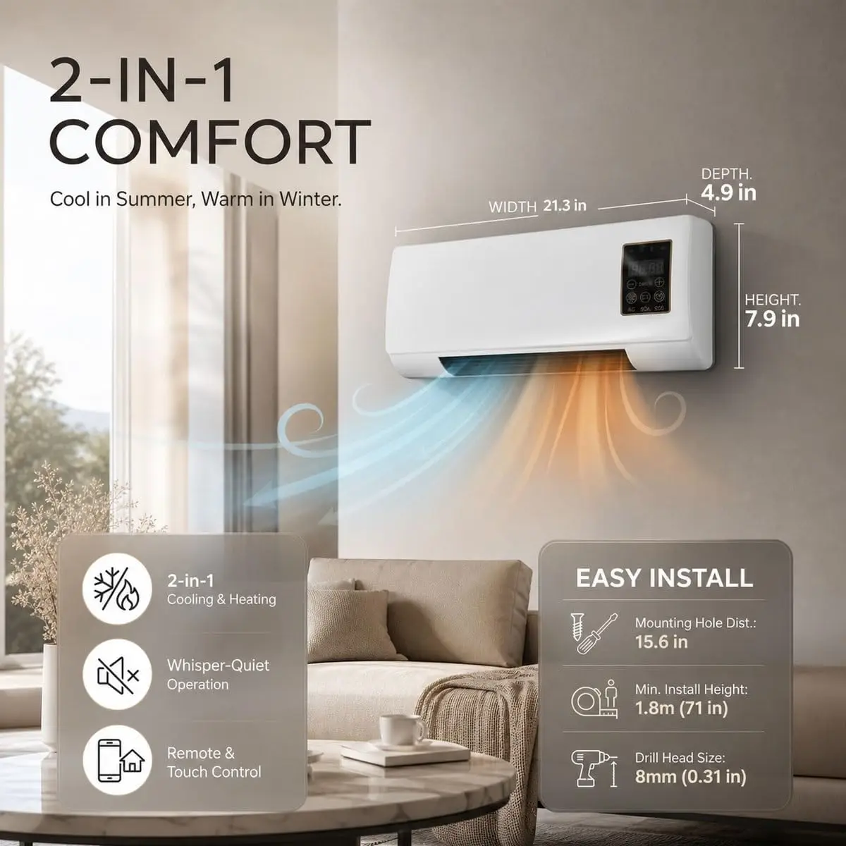 Wall Mounted Air Conditioner Fan Cooler, 2-in-1 AC and Heater Combo Unit, No Window Needed Smart Quiet Room Air Conditioner with Remote for Bedroom Kitchen Home Office Indoor
