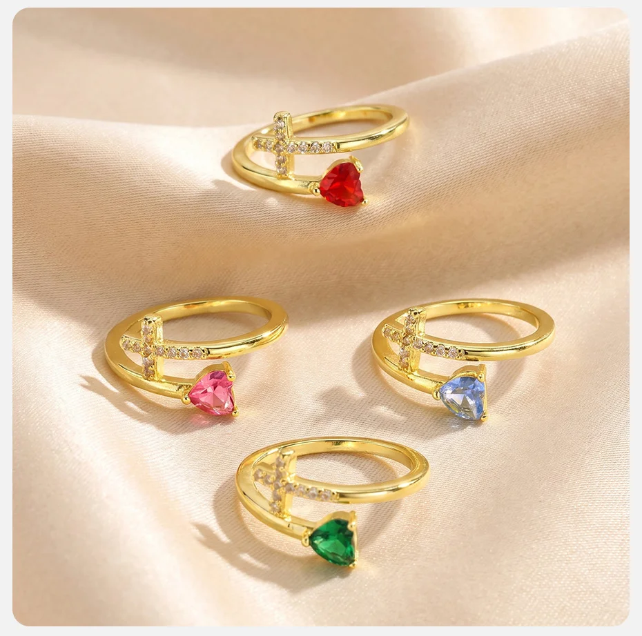 Vnox Vergoldeter Herzring mit AAA-Zirkonia für Damen, Einzigartiges Design, Glänzende Bunte Kristalle, Kreuzring, Romantischer Religiöser Schmuck – Detail 9