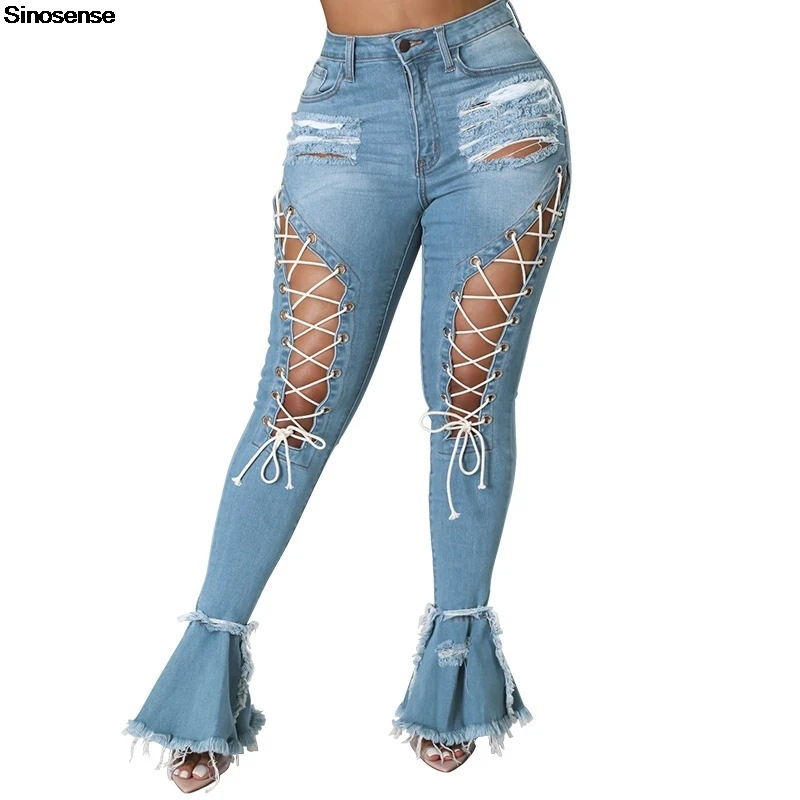 Damskie podarte jeansy dzwony z elastyczną talią, surowym wykończeniem, seksowne spodnie dżinsowe na co dzień, na randkę, na ulicę, do klubu nocnego, na imprezę, rozszerzane jeansy.