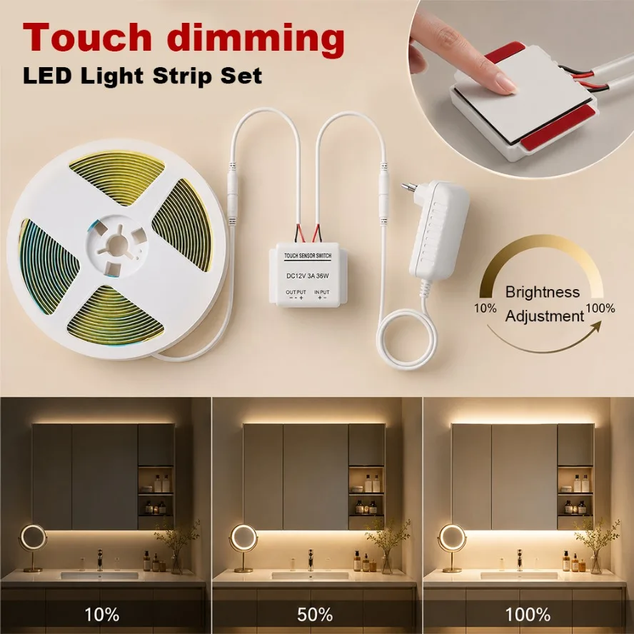 12V Touch Sensor Dimmable Light Strip Kit Adjustable Bright Vanity Light Dressing Table Cosmetic Mirror Makeup Background Decor