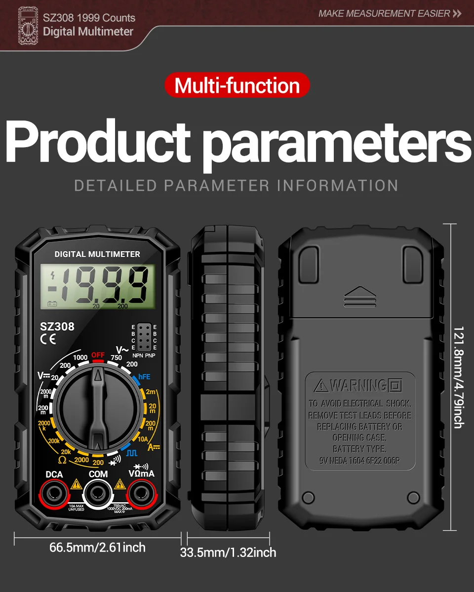 Digitales Multimeter, Rechteckwellen-Tester ANENG SZ308, Spannungs- und Widerstandsmessgerät, AC/DC-Strommessgerät, Elektriker-LCD-Hintergrundbeleuchtung, Ohmmeter-Werkzeug – Detail 16