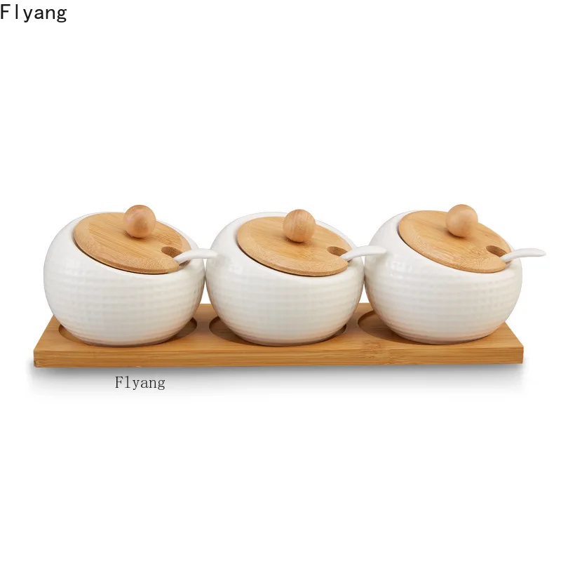 Ceramic bamboo cover set seasoning jar bamboo tray with spoon tray kitchen supplies condiment dispenser spice organizer storage