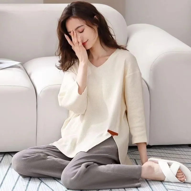 

Waffle Cotton Pajamas Female Spring and Autumn Pullover Off-white Simple Lazy Wind Two-piece A Loungewear Set Loose Comfort