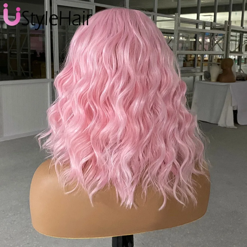 UStyleHair Short Pink Wig Lace Front Synthetic Hair Natural Hairline Short Wave Wigs for Women Daily Use Cosplay Party Wig