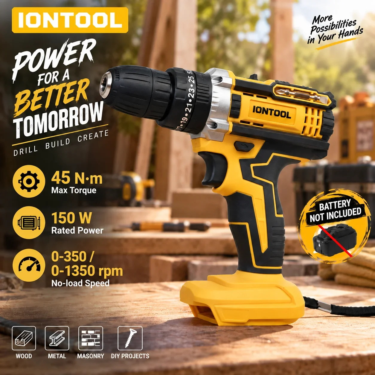 IONTOOL Yellow Cordless Drill 45N.m For Furniture Assembly and Cabinet Installation and Shelf Mounting and Wood Drilling
