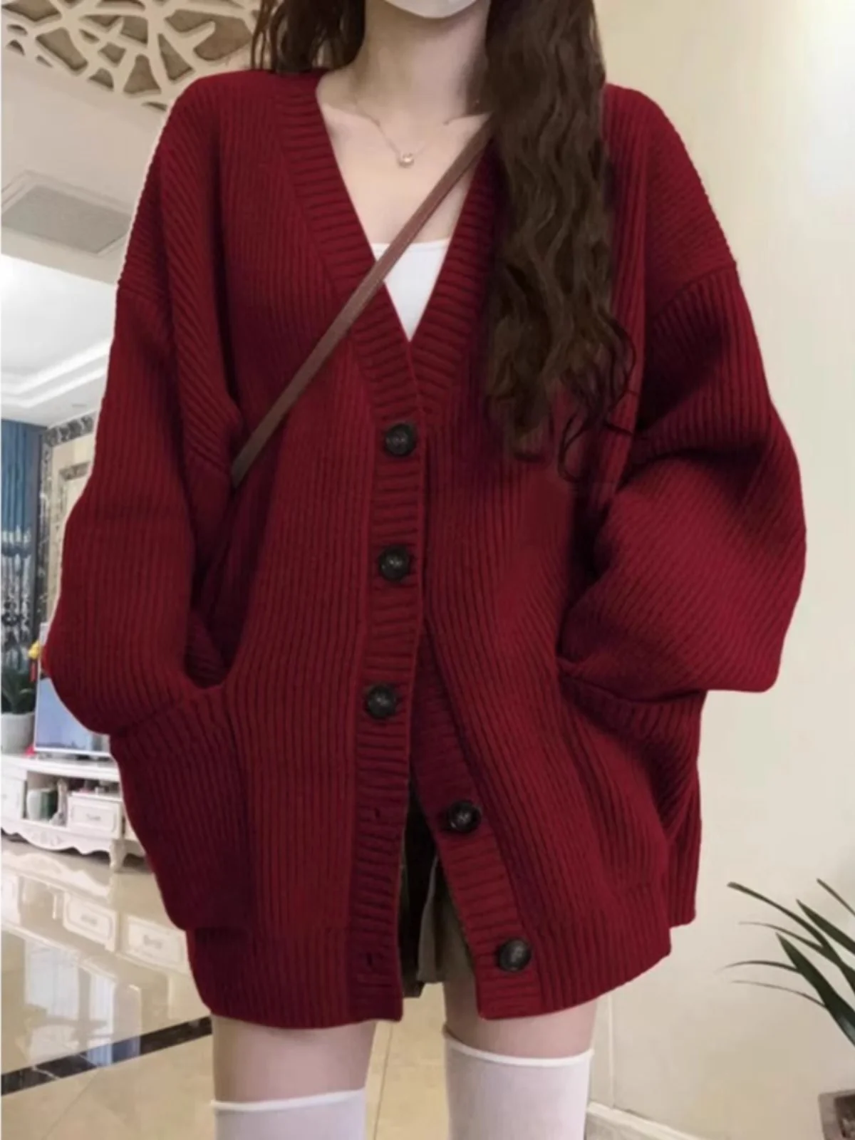 

Red Zodiac Year Knitted Sweater Coat Women's Loose V-Ne Long Sve Cardigan Spring Autumn New Sle Retro Lazy Faion