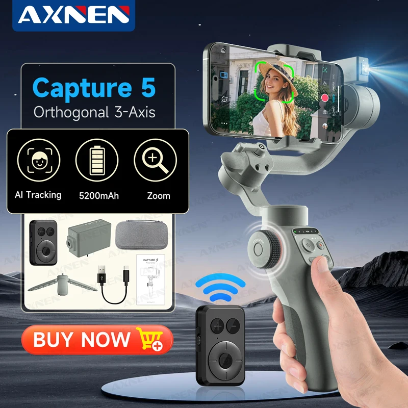 AXNEN Capture 5 مثبت ثلاثي المحاور لتتبع الذكاء الاصطناعي Gimbal 450g حمولة توصيل 5200mAh شاشة LCD للهواتف الذكية Live Vlog TikTok