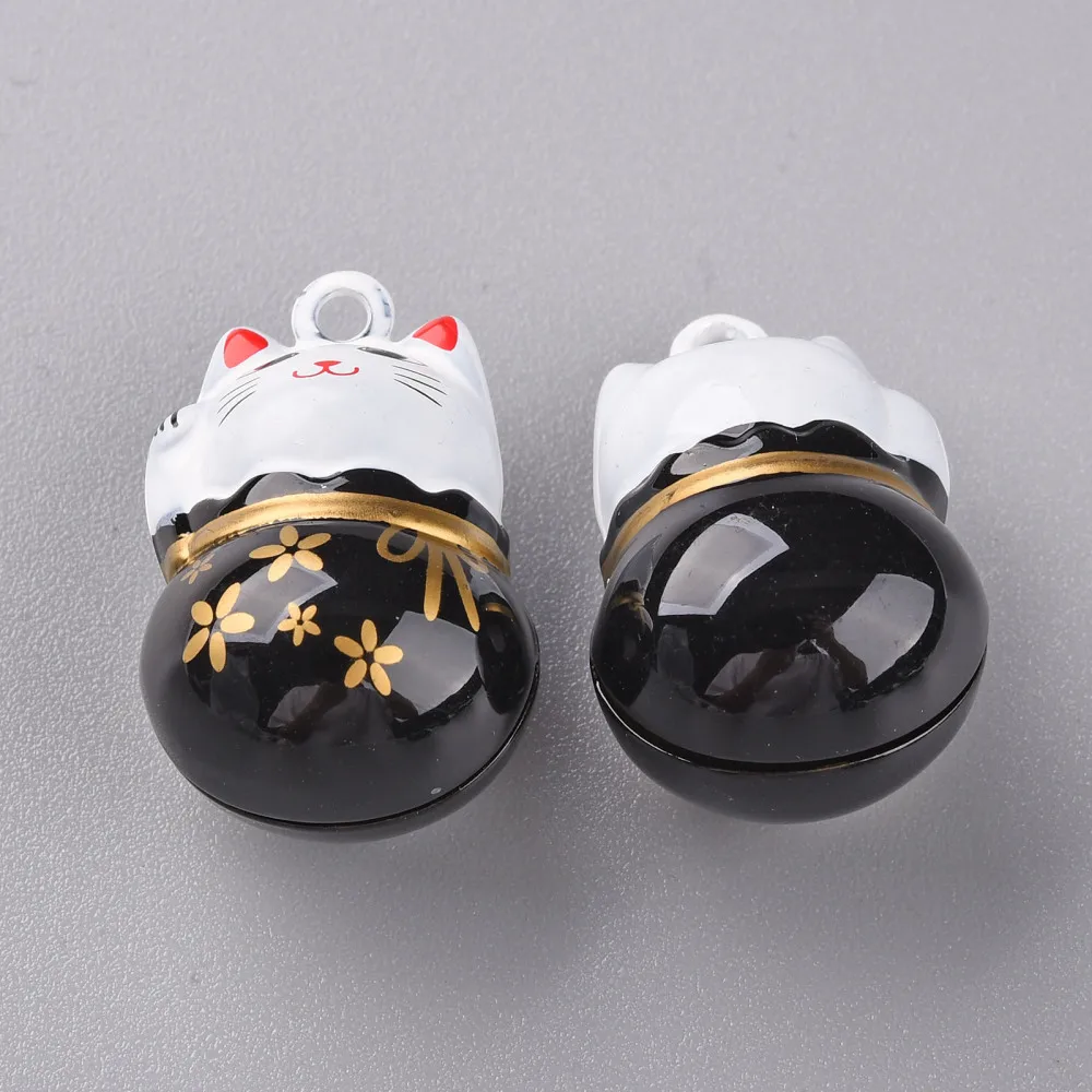5Pcs Maneki Neko/Beckoning Cat Brass Bell Pendants Baking Painted Charms Black Crafts Ornaments Pendants for Necklace Bracelet