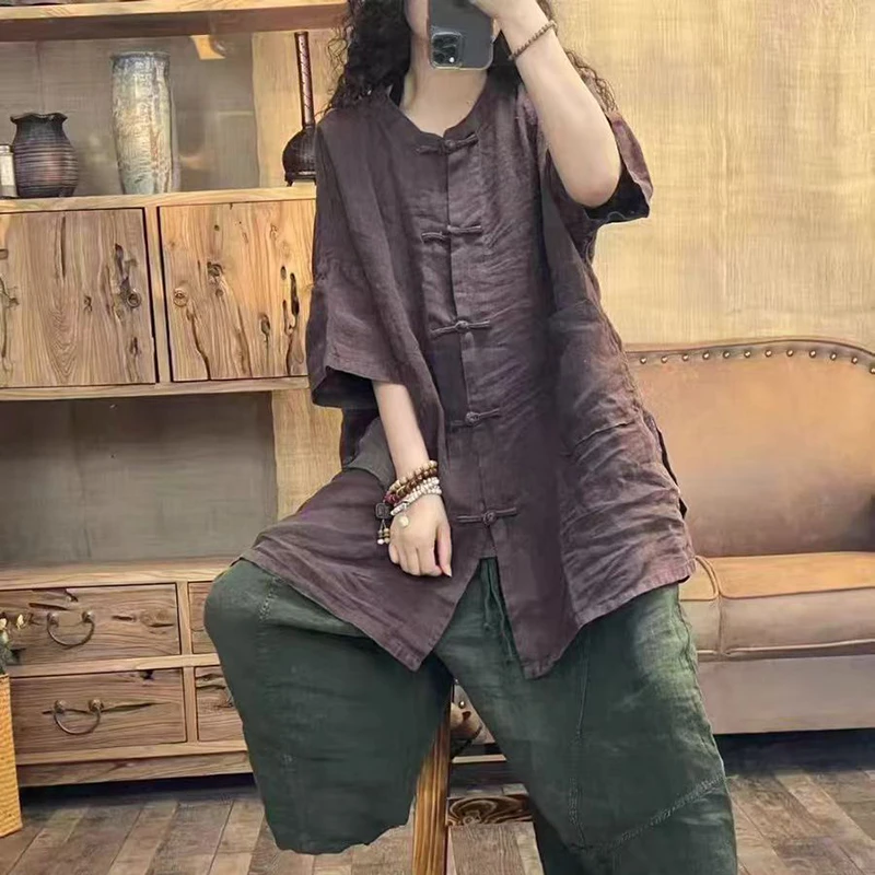 

2025 Summer New Arts Style Women Single Breasted Long Blouse Vintage Cotton Linen Batwing Sleeve Loose Shirt High Quality TL159