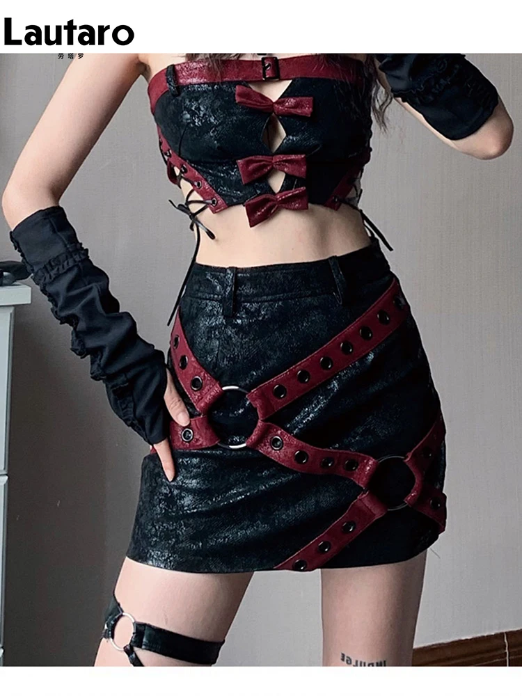 Lautaro Spring Summer Cool Red and Black Patchwork Pu Leather Mini Skirt Women High Waist Short Luxury Designer Y2K Clothes 2023