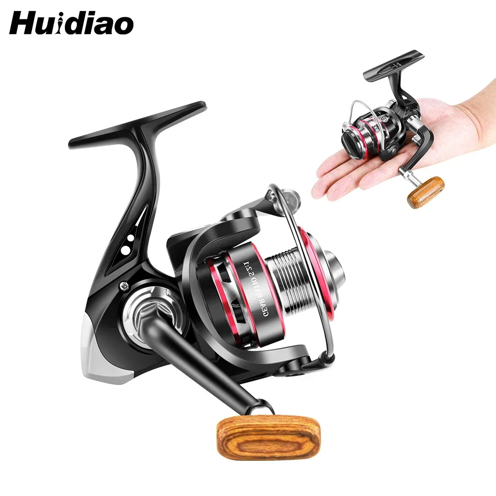 Huidiao Mini carrete de pesca giratorio ultraligero serie 500/800 carrete de aluminio carrete de pesca en hielo agarre de madera relación 5,2: 1 para Lucio dorado