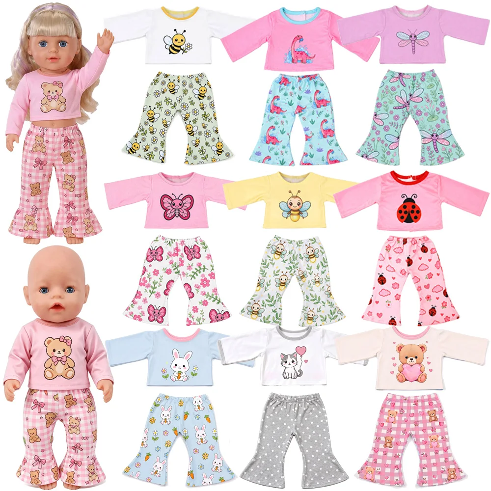 2 Stück/Set = T-Shirt mit Insekten- und Tiermuster und Hose für 18-Zoll-amerikanische Puppen und 43-cm-Babypuppen, Kleidungszubehör, Mädchenspielzeug