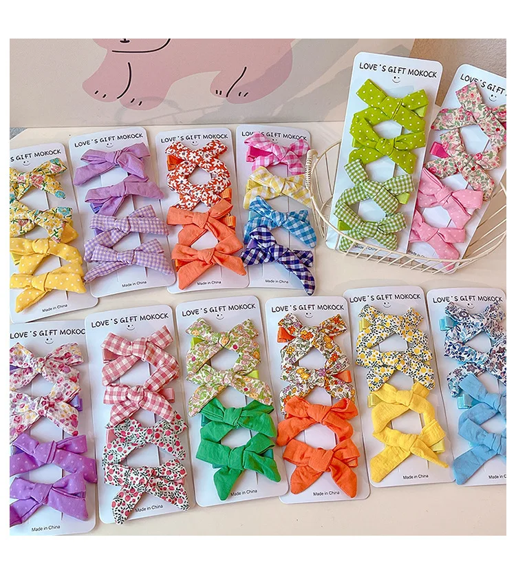 2026 4PCS/Set Kids Hair Clips Gingham Floral Bow Hair Barrettes No Hurt Hair Non Slip Soft Fabric Toddler Girls Accessories Gift
