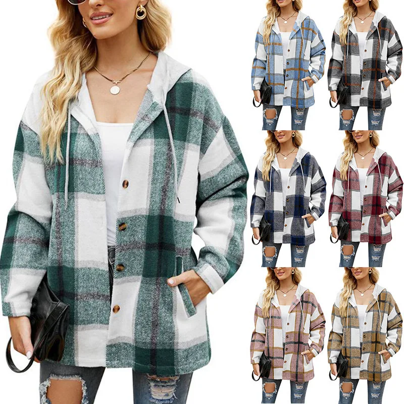

Women's autumn and winter new European and American fashion women's plaid coat hooded casual loose shirt