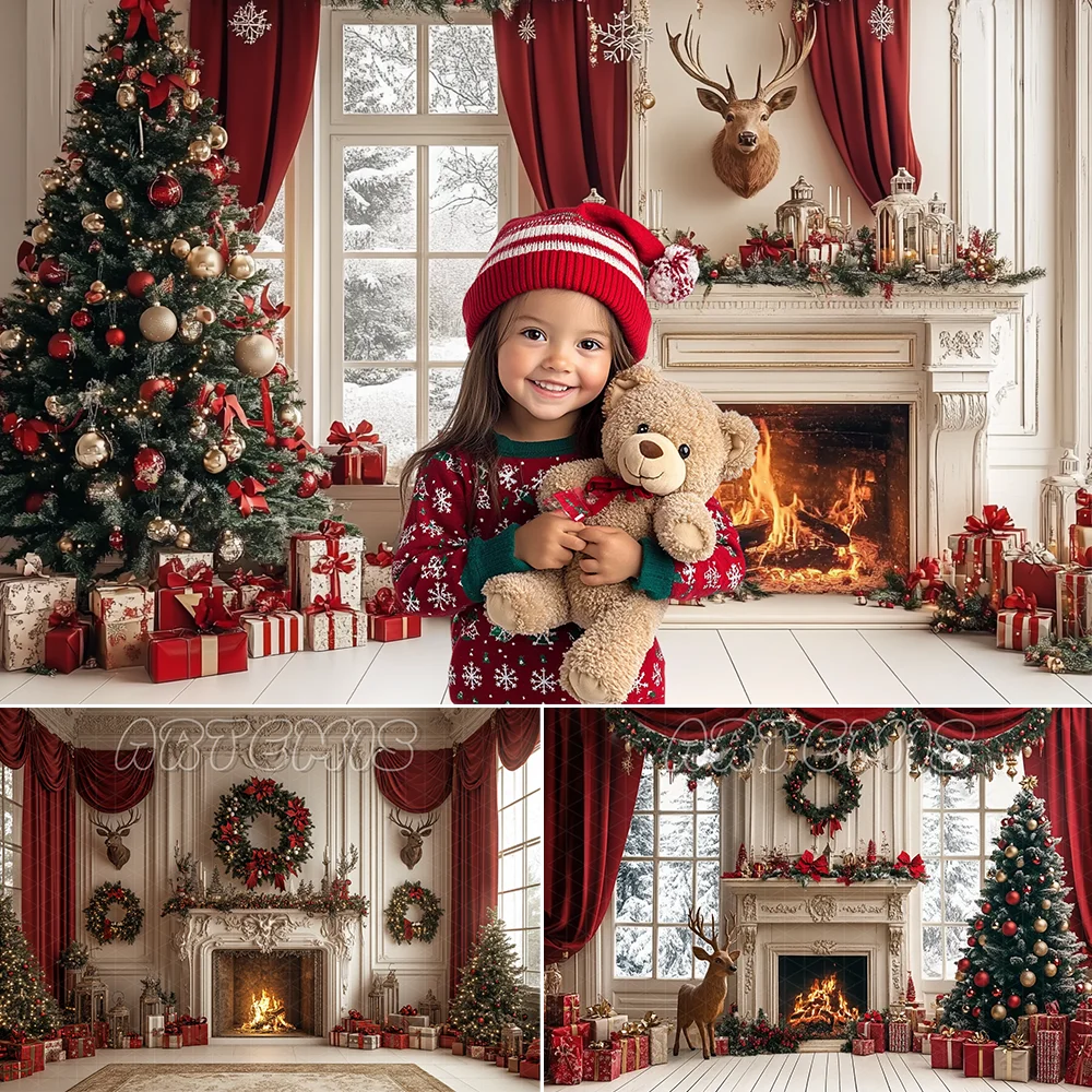 Christmas Photography Backdrop Curtain Window Fireplace Decor Christmas Tree Present Deer Head Background Photo Studio Photocall