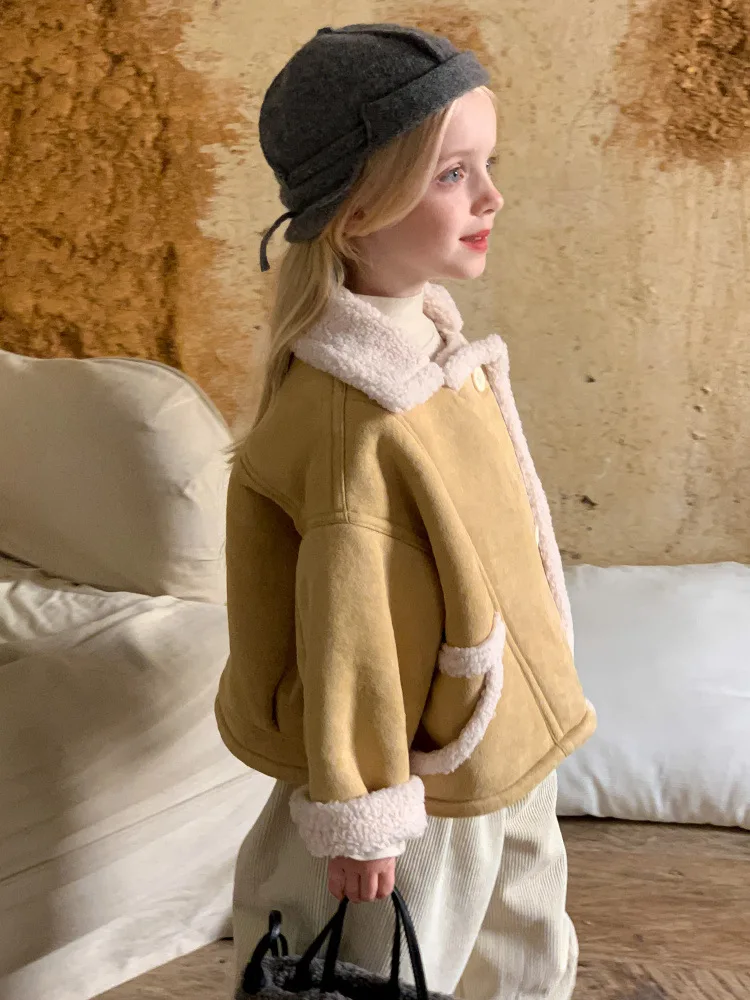 Jackets Korea Girl Lamb Cashmere Loose Coat New Baby Autumn Winter Fashionable Plush Thickening Keep Warm Tops 2024