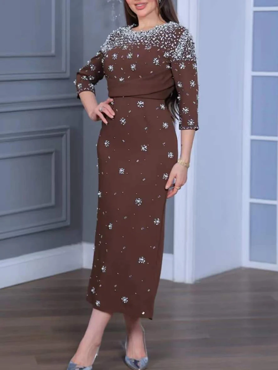 VGH Solid Elegant Two Piece Set for Women Round Neck Rhinestone Three Quarter Sleeve Ruched Waist Bodycon Maxi for Banquet Party
