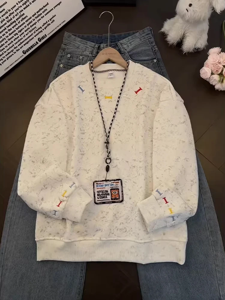 

Белый свитшот с вышивкой и эффектом тай-дай, мужская футболка с длинным рукавом, плотная, для весны и осени, повседневный топ