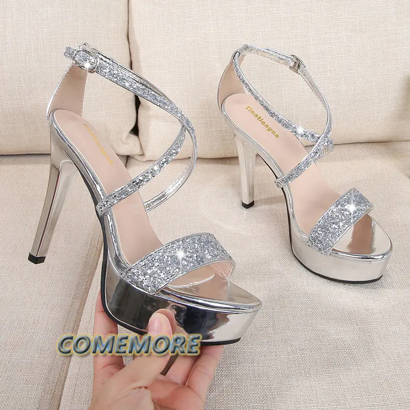 2023 Gold Silver Cross Strap Crystal High Heels Sandals Women Bling Glitter Wedding Bridal Party Platform Pumps Shoes Summer PU