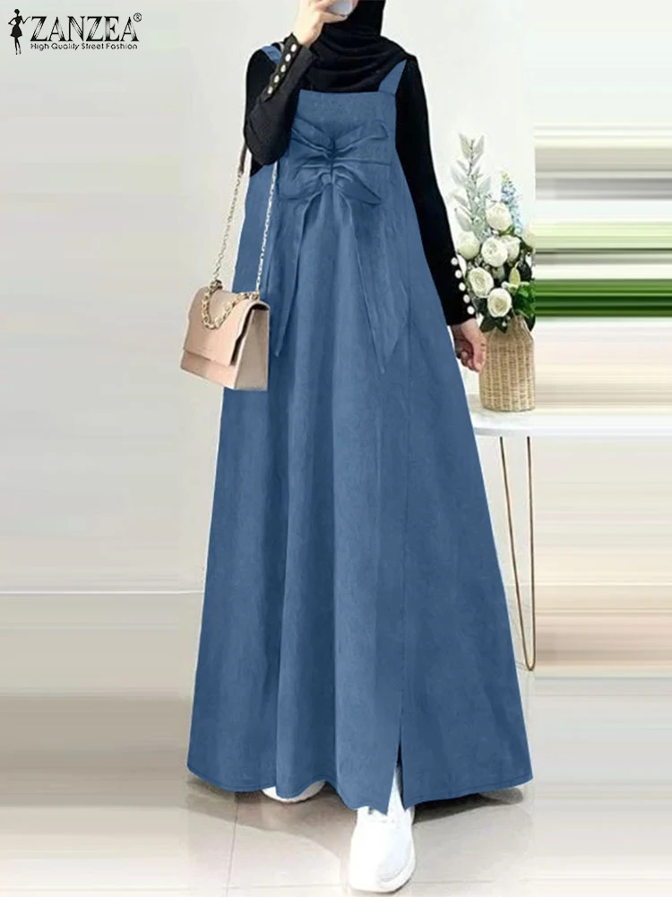 ZANZEA Denim Blue Suspender Pinafore Robes Muslim Bowknot Detail Casual Islamic Overall Dress Summer Women Sleeveless Maxi Dress