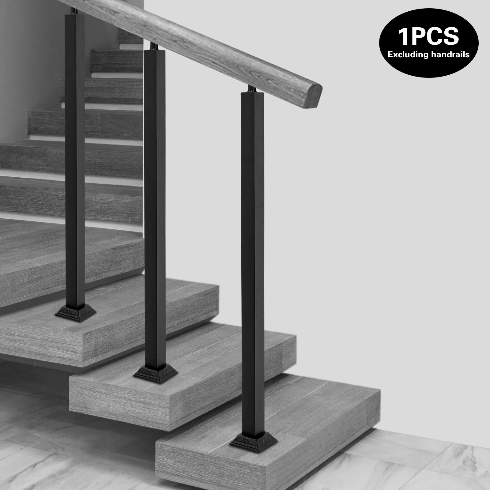 90cm Modern Black Iron Stair Balusters - Rectangular Posts, 180℃ Baking Paint, 270° Rotation, 220.5 lbs Load Bearing